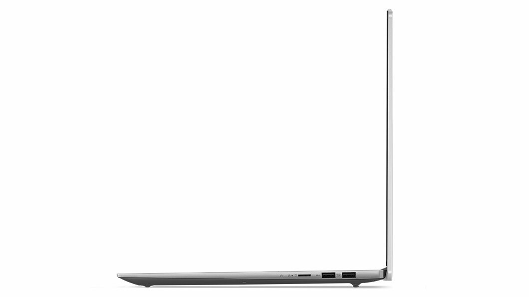 Right-side profile of IdeaPad Slim 5i Gen 8 laptop, opened at 90 degrees, showing edges of keyboard & top cover, & right-side ports