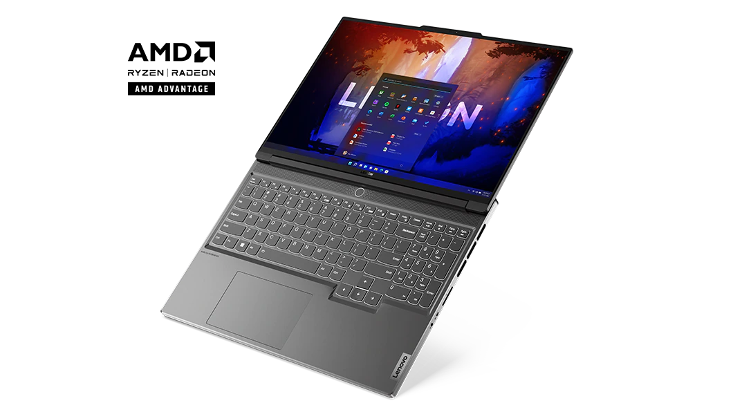 Legion Slim 7 Gen 7 (16'' AMD) fully opened with screen and displaying Windows 11 desktop