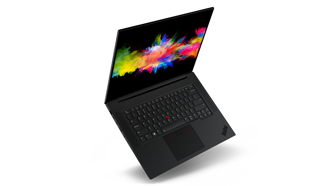Zwevend Lenovo ThinkPad P1 Gen 5 mobile workstation, 100 graden geopend, met toetsenbord en scherm.