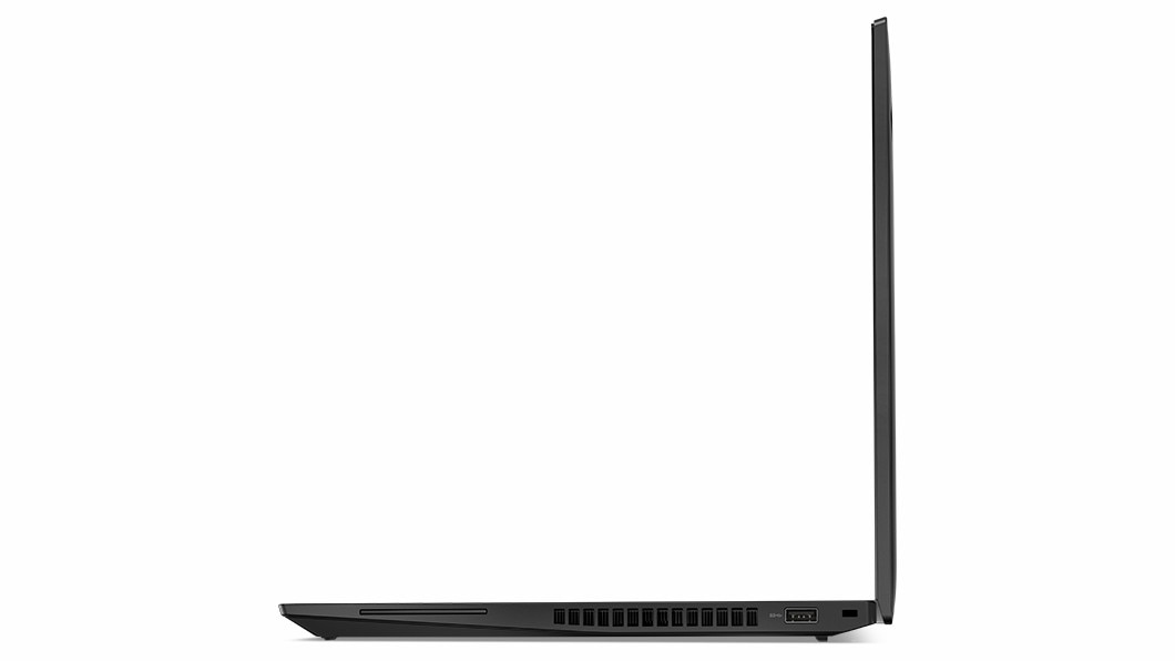 Linkerkant van ThinkPad T16 Gen 1 (16'' Intel) laptop, 180 graden geopend, met scherm- en toetsenbordranden