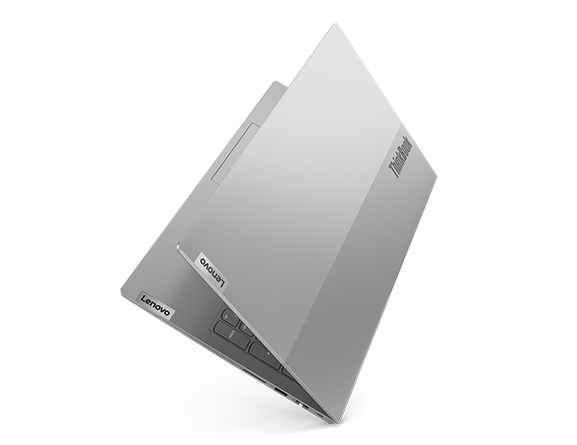 Floating Lenovo ThinkBook 15 Gen 5 laptop, right-rear view from above with cover partially open.