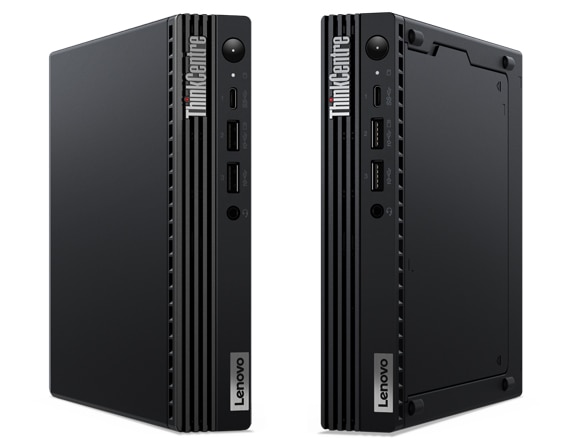 Front-facing view of two Lenovo ThinkCentre M70q Gen 3 Tiny (Intel) desktop PCs, showing left and right panels
