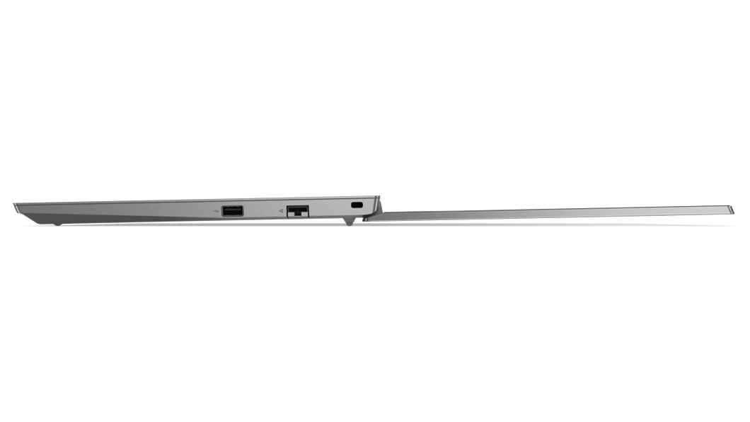 Left side view of Lenovo ThinkPad E15 Gen 4 (15” AMD) laptop, opened 180 degrees, laid flat, showing display and keyboard edges, and ports