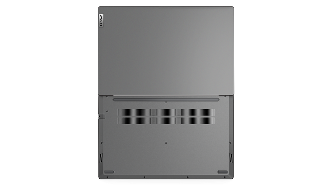 Bovenaanzicht van Lenovo V15 Gen 3 (15'' Intel) laptop, 180 graden plat opengeklapt, met de boven- en achterkant zichtbaar