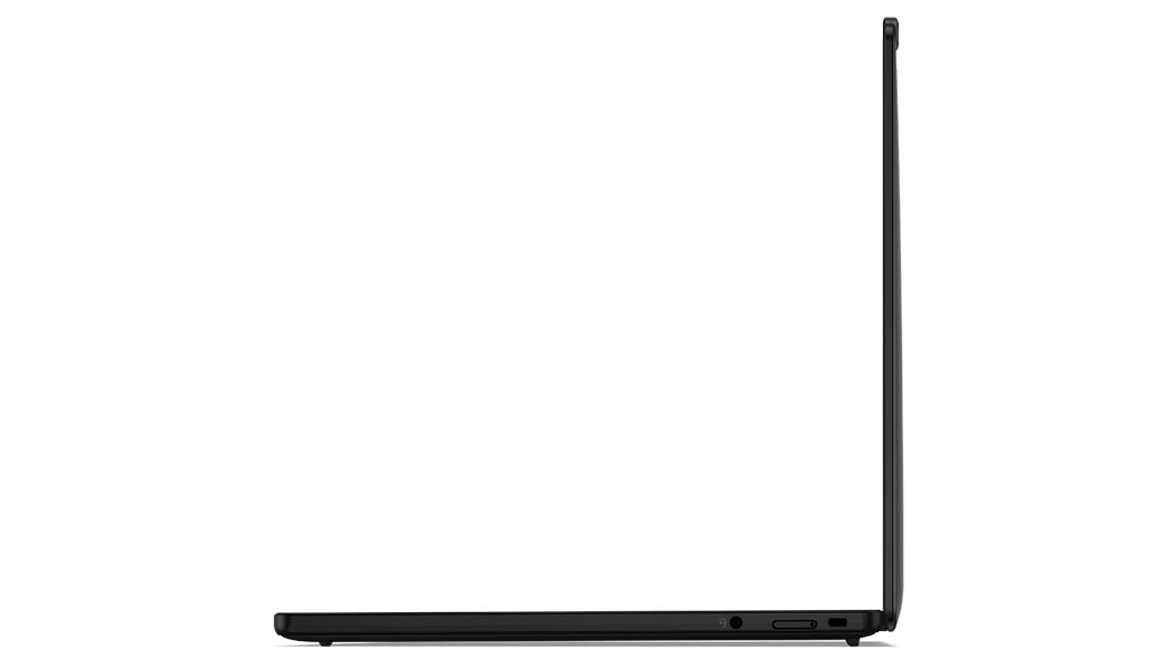 Perfil del lateral derecho del portátil Lenovo ThinkPad X13s abierto en un ángulo de 90 grados.