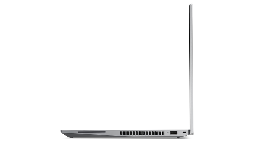 ThinkPad P16s ‑mobiiliworkstation vasemmalta kuvattuna, avattuna 90 astetta, liitännät ja näytön reuna näkyvissä
