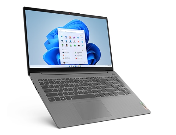 Front facing view of Lenovo IdeaPad 3 Gen 7 15'' AMD open 135 degrees, tilted to the right, showing keyboard and display screen.
