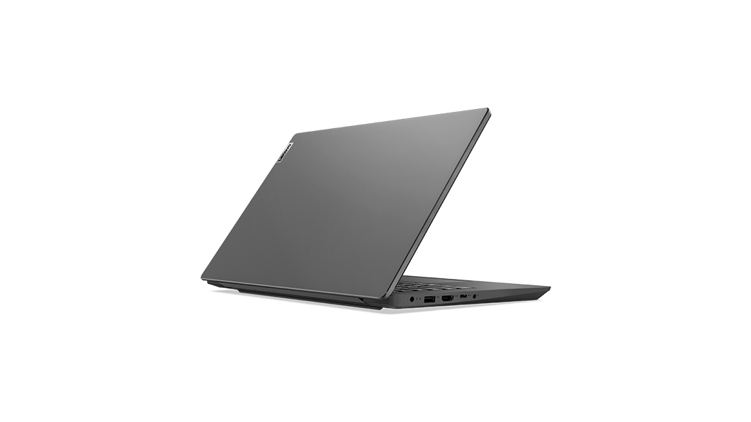 Lenovo V14 Gen 2 (14'' AMD)-laptop: ¾-aanzicht vanaf linksachter, met scherm deels geopend