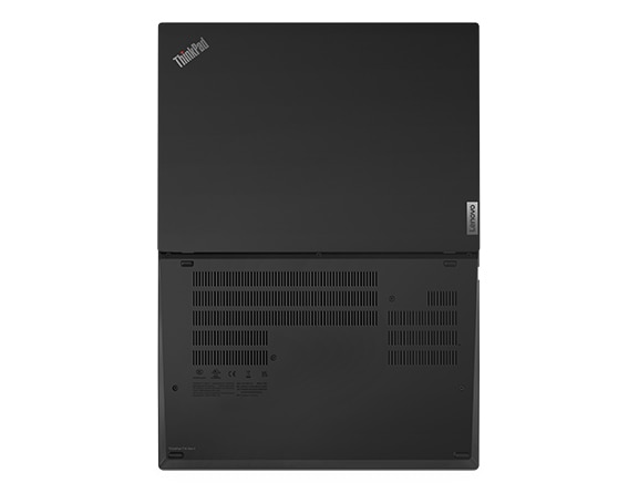 Vue de dessus du portable Lenovo ThinkPad T14, ouvert à 180 degrés, montrant les capots inférieur et supérieur.
