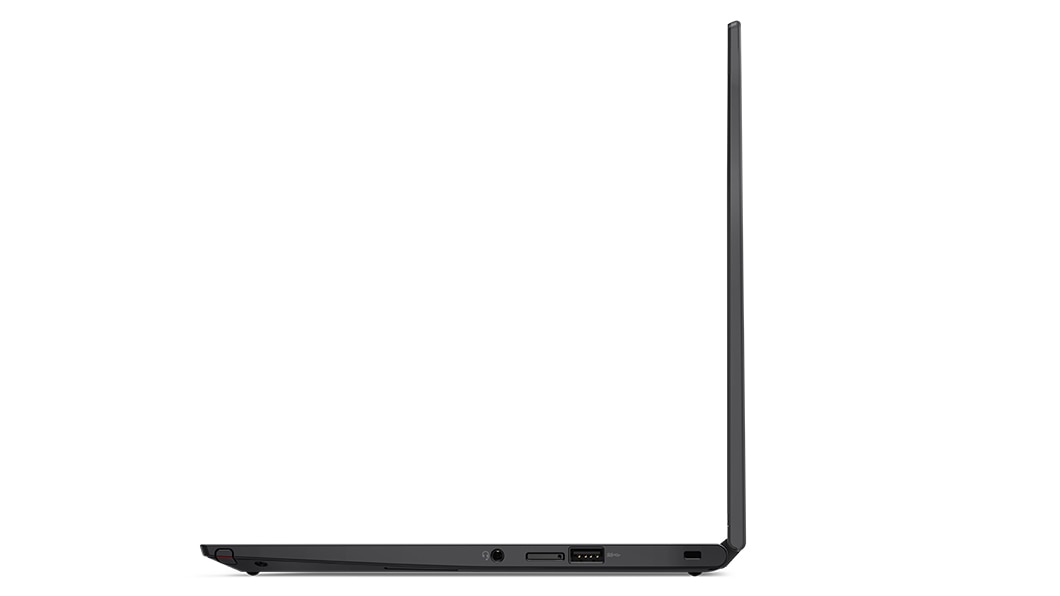 Højre sideprofil af ThinkPad X13 Yoga Gen 3 (13'' Intel), åbnet 90 grader med fokus på, hvor tynd den er, samt porte