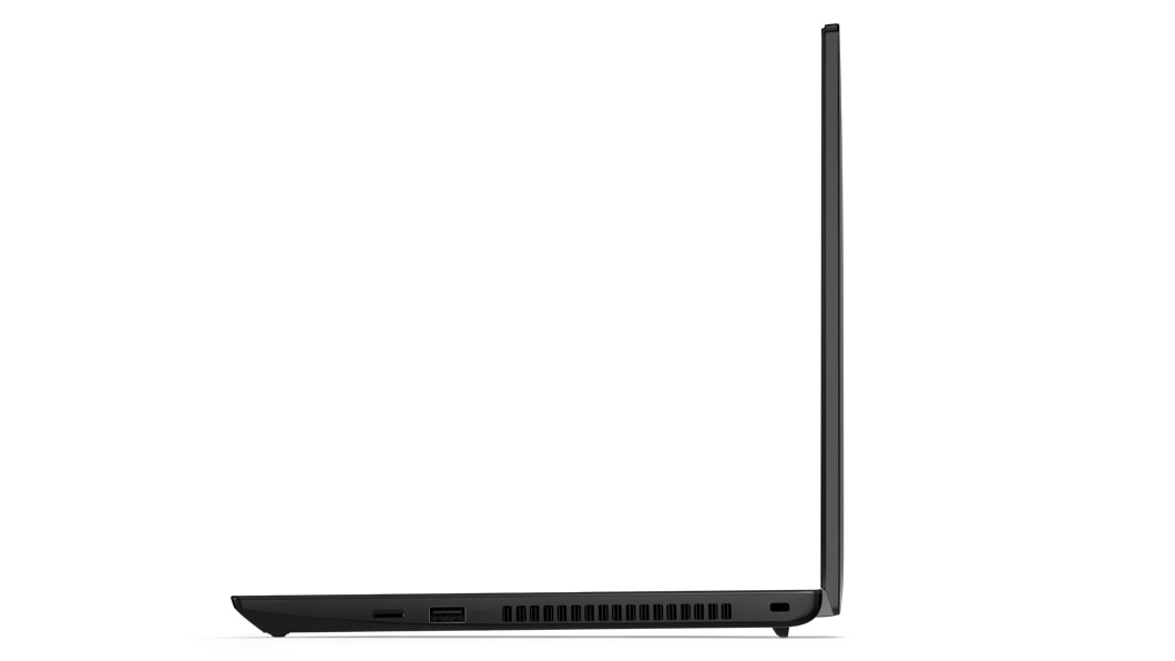 Lenovo ThinkPad L14 Gen 3 (14'', AMD) vasemmalta kuvattuna, 90 astetta käänteisessä L-muodossa avattuna, näytön reuna ja näppäimistö näkyvissä