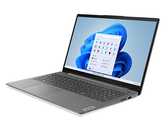 Front facing view of Lenovo IdeaPad 3 Gen 7 15” AMD open 90 degrees, angled to the left and showing display screen, keyboard and right side ports.