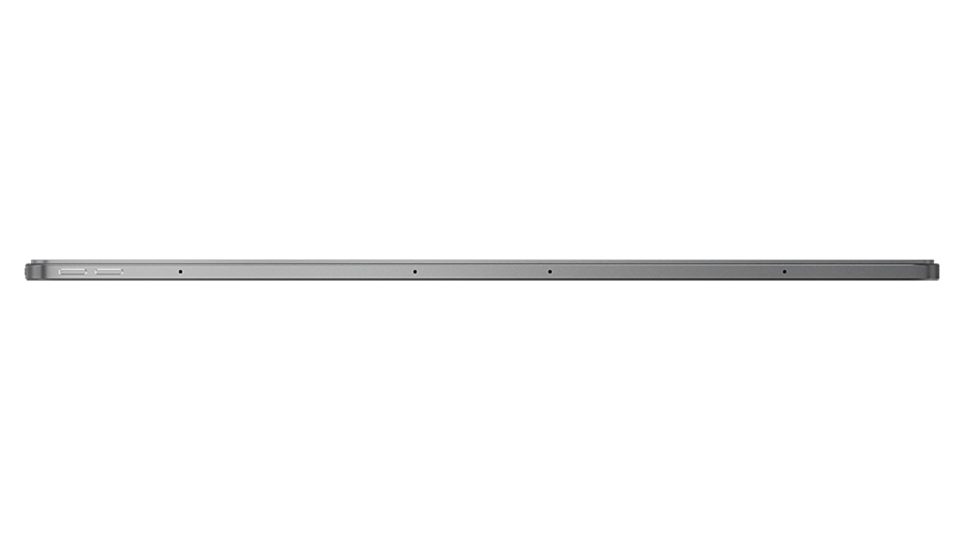 Vue de profil de la tablette Lenovo Tab Extreme, positionnée à la verticale, montrant les boutons de volume (plus/moins) situés sur le cadre supérieur de l’appareil