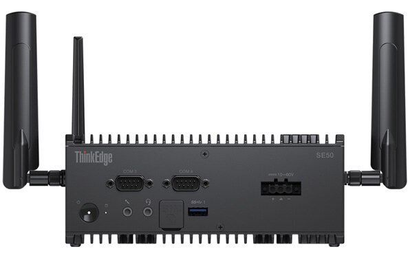 Front view of the ThinkEdge SE50 with optional antennas