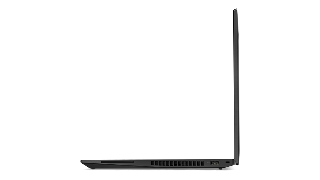 Portátil ThinkPad T16 (1.ª geração) de 16'' (40,64 cm, AMD): aberto a 180 graus, vista lateral direita a mostrar as extremidades do ecrã e do teclado
