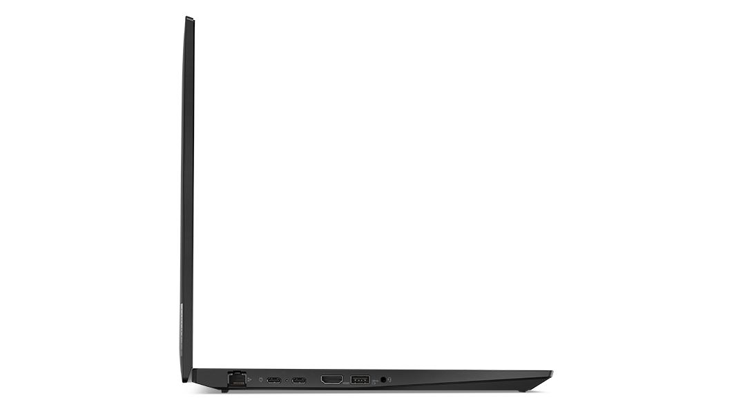 Ansicht des ThinkPad T16 Gen 1 (16'' AMD) Notebook von links, um 180 Grad geöffnet, mit Blick auf die Kanten von Display und Tastatur