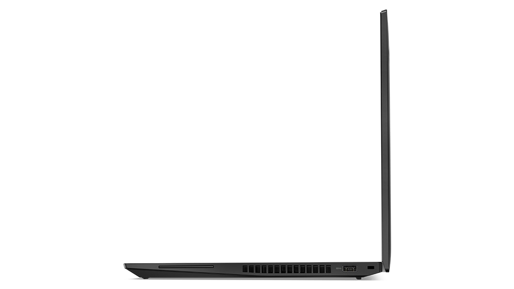 Right-side profile of the Lenovo ThinkPad T16 Gen 2 laptop open 90 degrees. 