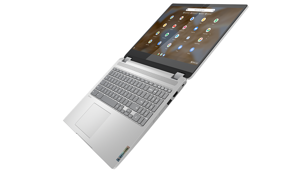 Ideapad Flex 3i Chromebook in Arctic Grey facing left, opened to 180 degrees