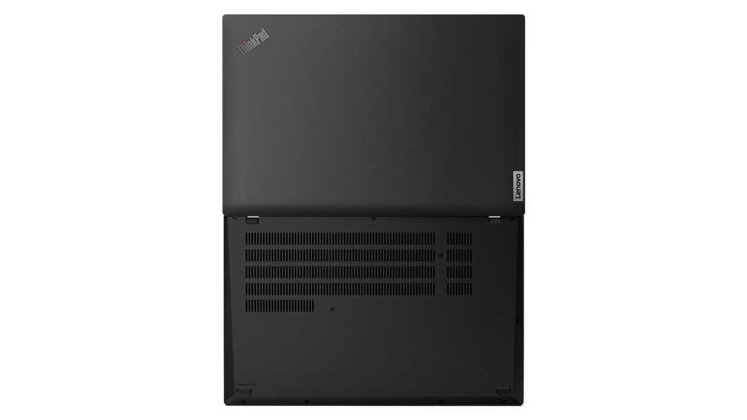 Bovenaanzicht van de onderkant en de bovenklep van de Lenovo ThinkPad L14 Gen 3-laptop, 180 graden geopend.