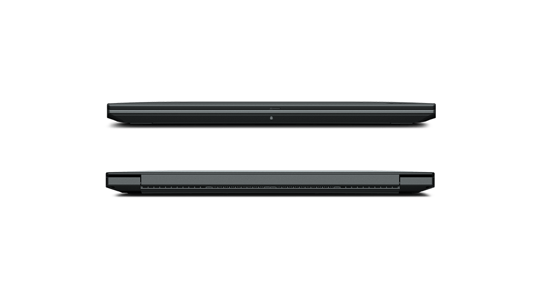 Deux stations de travail mobiles Lenovo ThinkPad P1 Gen 4 superposées capots fermés et montrant les côtés avant et arrière.