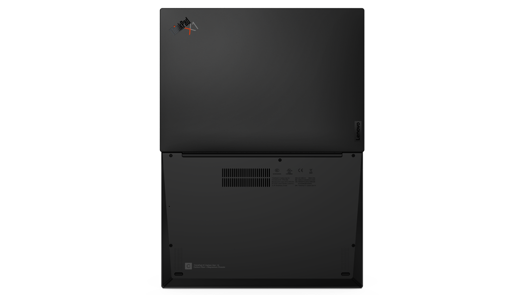 Overheadbillede af bunden af bærbar Lenovo ThinkPad X1 Carbon generation 10-bærbare, åbnet 180 grader.