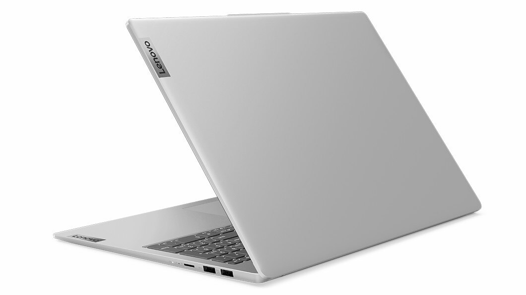 Left-rear-facing IdeaPad Slim 5 Gen 8 laptop in Cloud Grey Metal showing lid at 50% open