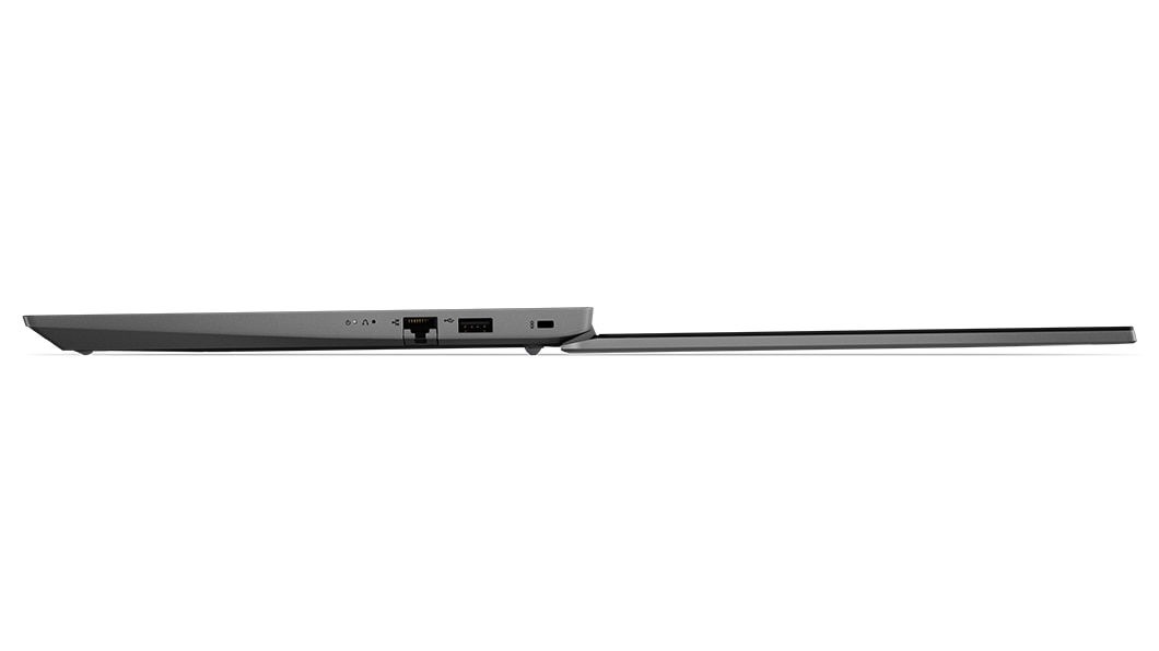 Linkerzijprofiel van een180 graden geopende Lenovo V14 Gen 3-laptop (14'' AMD), met poorten en schermrand