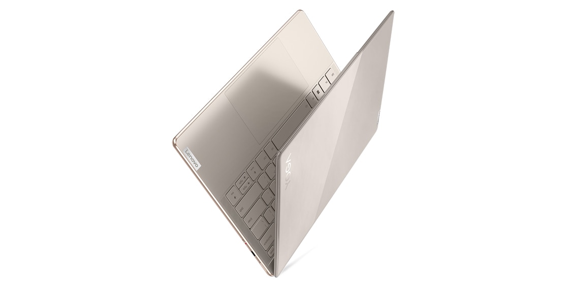 Side view of Lenovo Yoga Slim 9i Gen 7 (14″ Intel) laptop, opened at 45 degrees in a V-shape, showing top cover and partial keyboard
