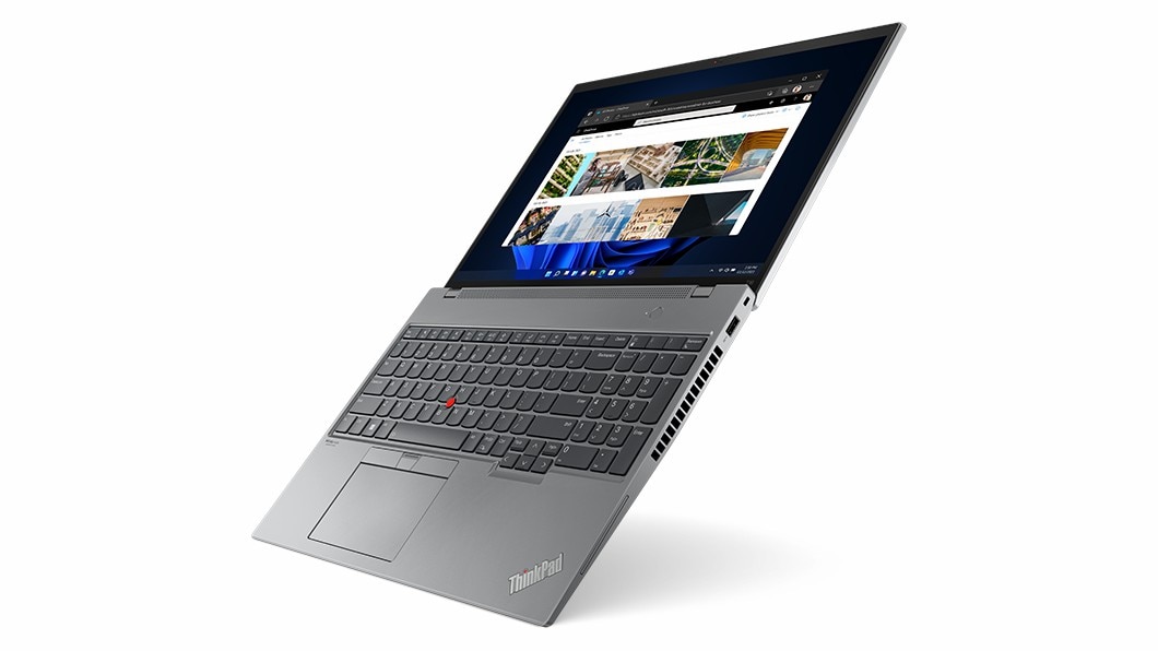 Vue du côté droit du portable ThinkPad T16 Gen 1 (16'' Intel) ouvert à 180 degrés, incliné verticalement et en oblique, de haut en bas