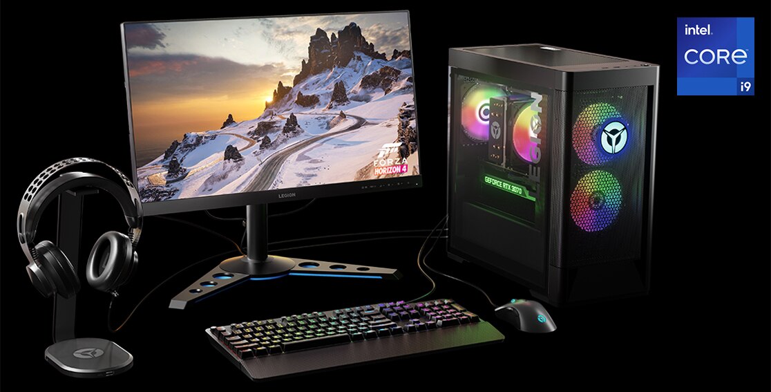 Torre Legion 5i (7.ª geração) e um conjunto completo de acessórios Legion, incluindo um teclado retroiluminado RGB, auscultadores, monitor e rato Gaming com fios.