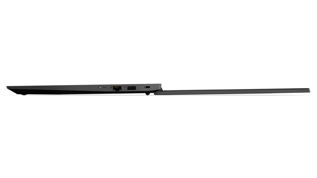 Linkerzijprofiel van Lenovo V15 Gen 3-laptop (15” AMD), 180 graden plat opengeklapt, met poorten en rand van het scherm