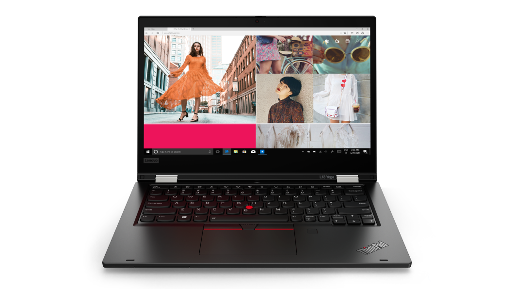 Vista anteriore del notebook Lenovo ThinkPad L13 Yoga di seconda generazione, di colore nero, con la tastiera in primo piano