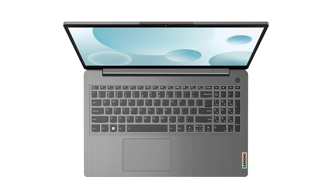 Den bærbare IdeaPad 3i Gen 7 i Arctic Grey sett ovenfra og ned, som viser skjerm og tastatur