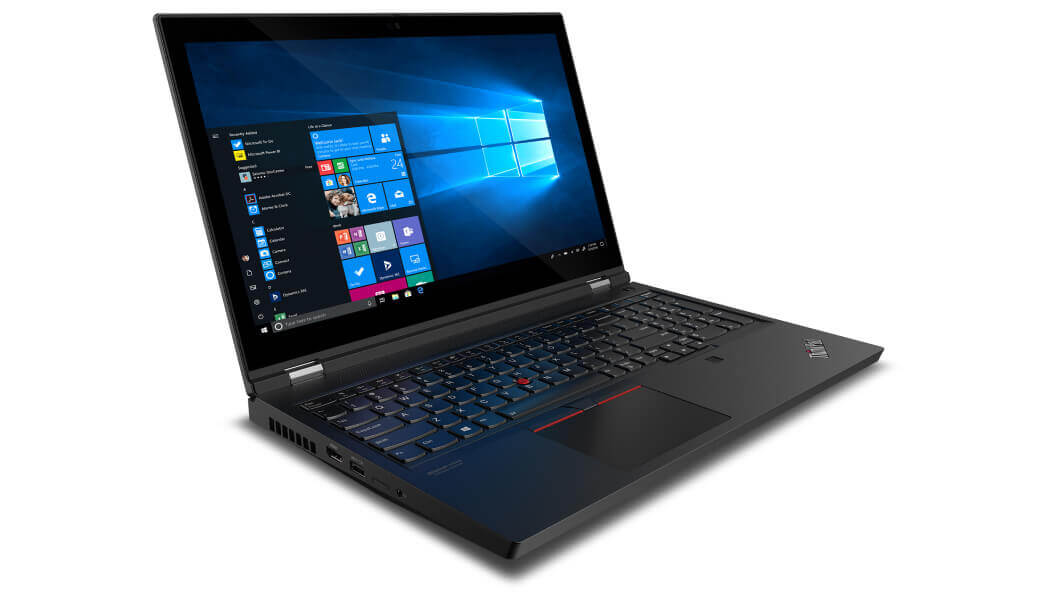 Lenovo ThinkPad P15 laptop open 90 degrees angled to show right side ports