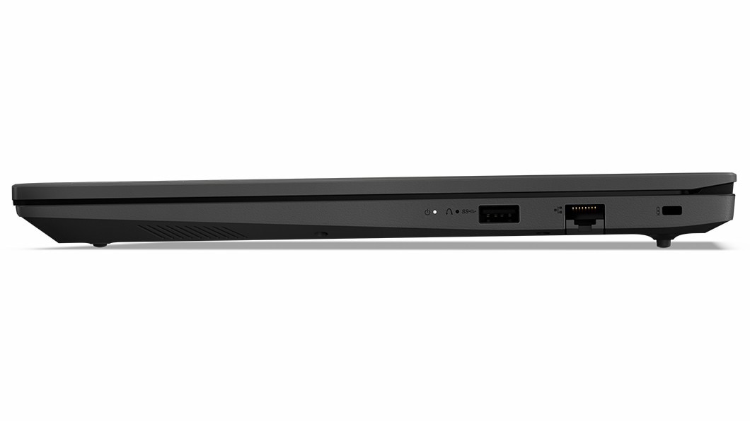 Vue du côté droit du portable Lenovo V15 Gen 4 fermé en Basic Black.