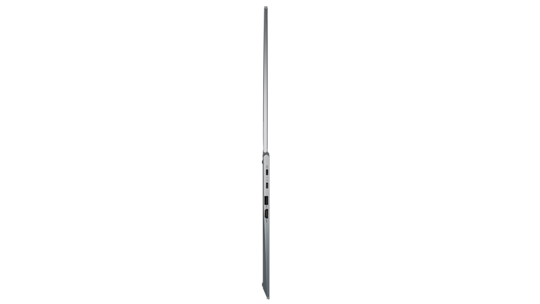 Perfil del lado izquierdo del portátil Lenovo ThinkPad X1 Yoga de 7.ª generación abierto en un ángulo de 180 grados.