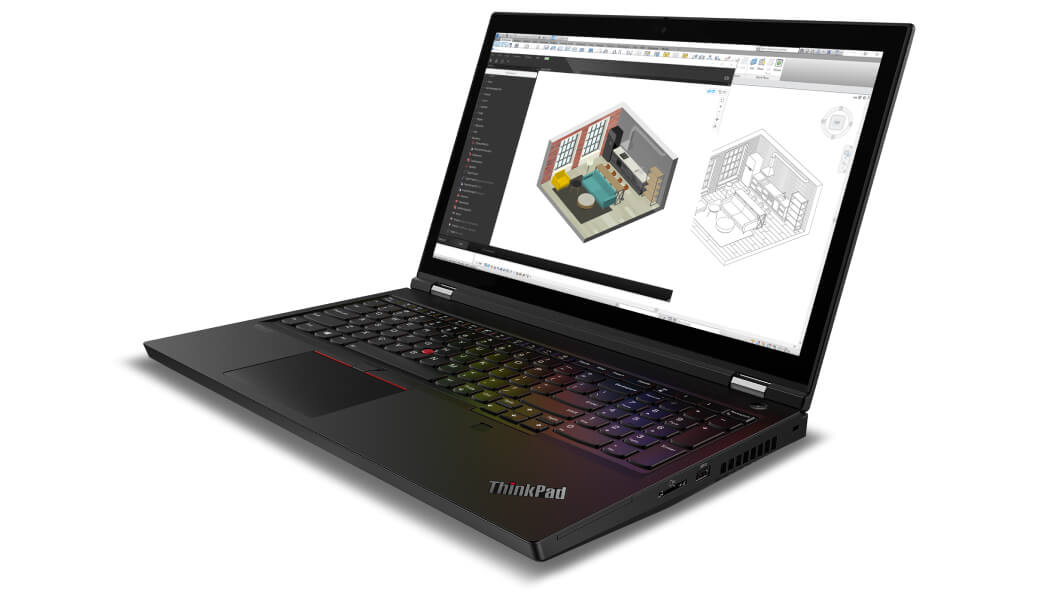 Lenovo ThinkPad P15 Notebook, 90 Grad geöffnet, gekippt mit Blick auf die Anschlüsse auf der linken Seite