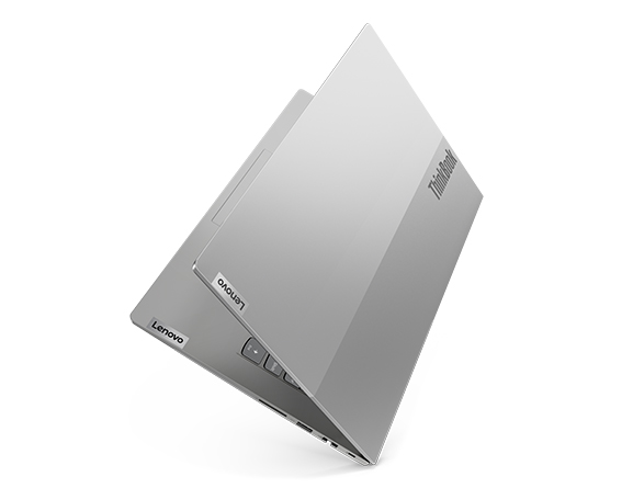 Floating Lenovo ThinkBook 14 Gen 5 laptop, right-rear view from above with cover partially open.
