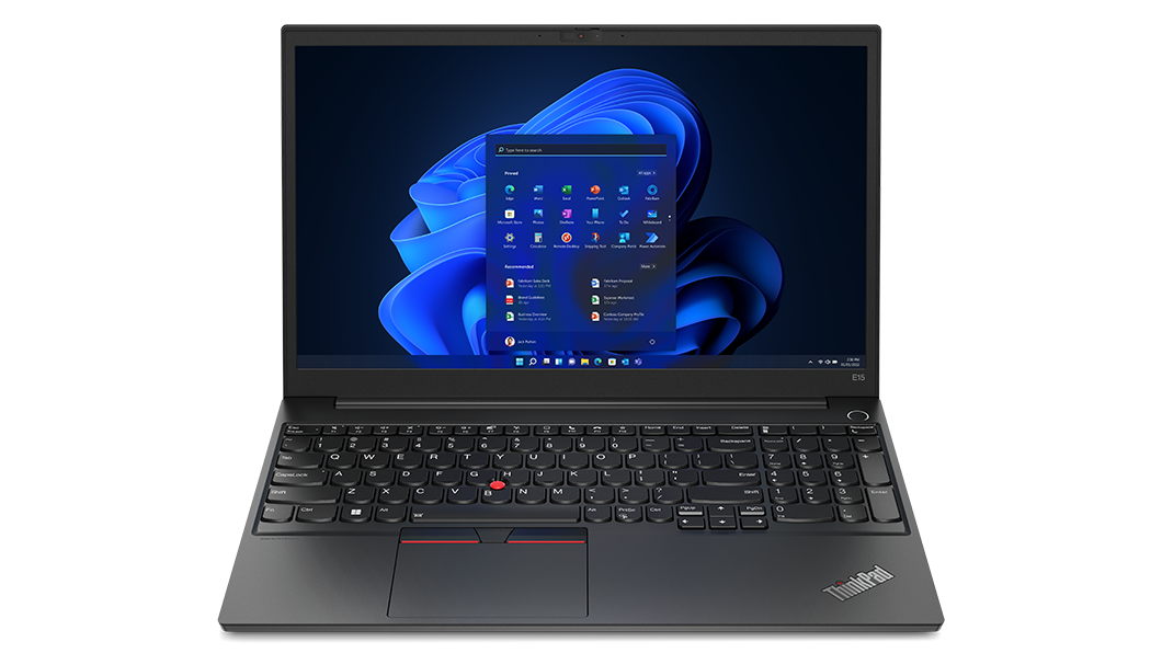 Front facing ThinkPad E15 Gen 4 business laptop, opened 90 degrees, showing keyboard and display with Windows 11