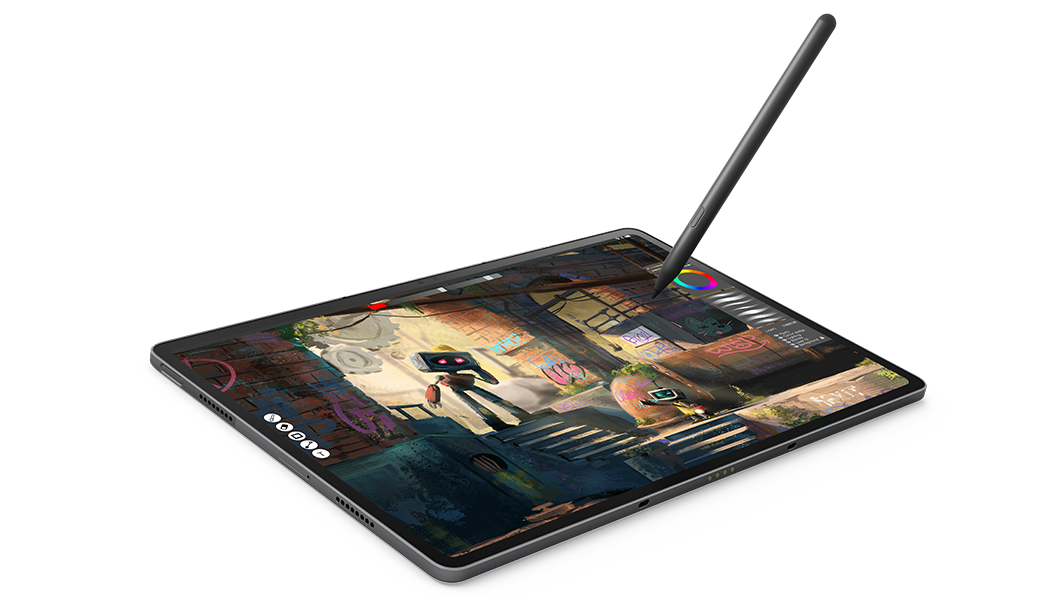 La Tablet Lenovo Tab P12 Pro se encuentra plana, vista desde la parte frontal izquierda, con el Lenovo Precision Pen 3 mostrado como si escribiera en la pantalla.