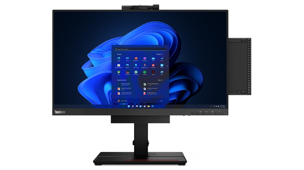 Front-facing view of a Lenovo monitor, Tiny-in-One, and ThinkCentre M70q Gen 3 Tiny (Intel)