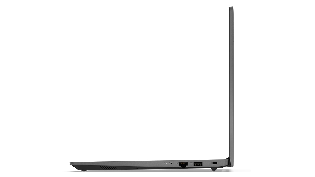 Rechterzijprofiel van Lenovo V15 Gen 3-laptop (15” AMD), opengeklapt, met rand van scherm, toetsenbord en poorten