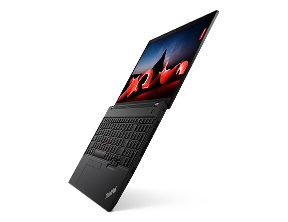 Lenovo ThinkPad L15 Gen 4 (15” Intel) laptop—right view, lid open 180 degrees, standing at an angle on front edge