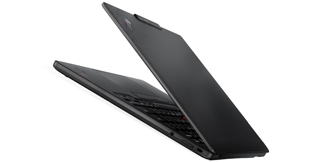 Ultraslim Lenovo ThinkPad X13s laptop floating, open about 40 degrees.
