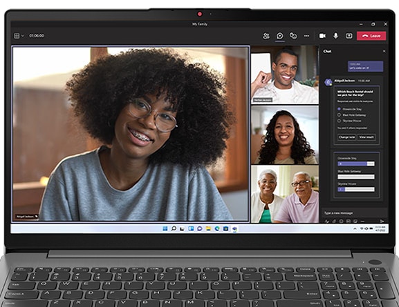 Dual front facing views of Lenovo IdeaPad 3 Gen 7 15” AMD open 90 degrees, one angled to the left and the other to the right, showing right and left side ports.