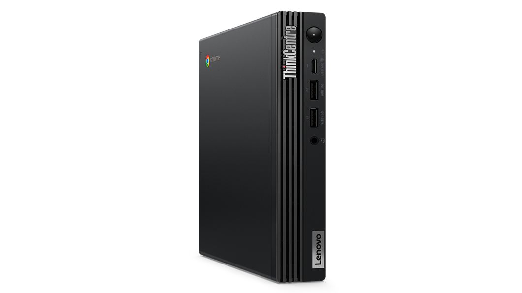 Linkeraanzicht van ThinkCentre M60q Chromebox Enterprise, met logo's van Lenovo en ThinkCentre, plus poorten