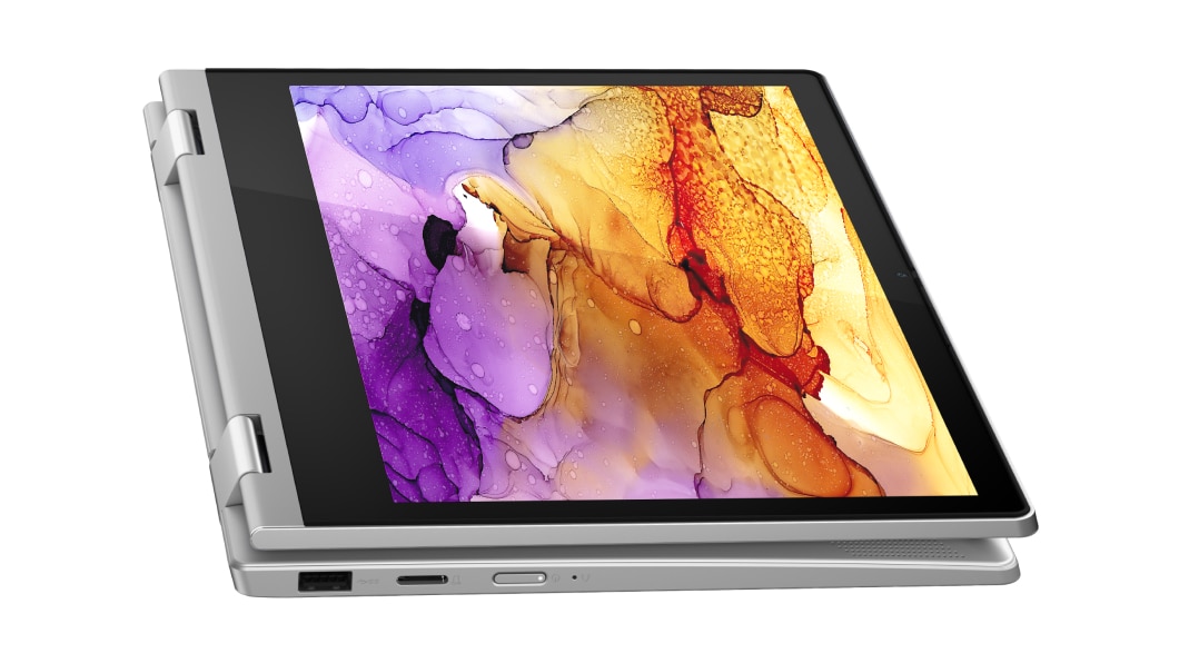 Linke Seitenansicht des silbernen Lenovo IdeaPad Flex 3 11 ADA im Tablet-Modus