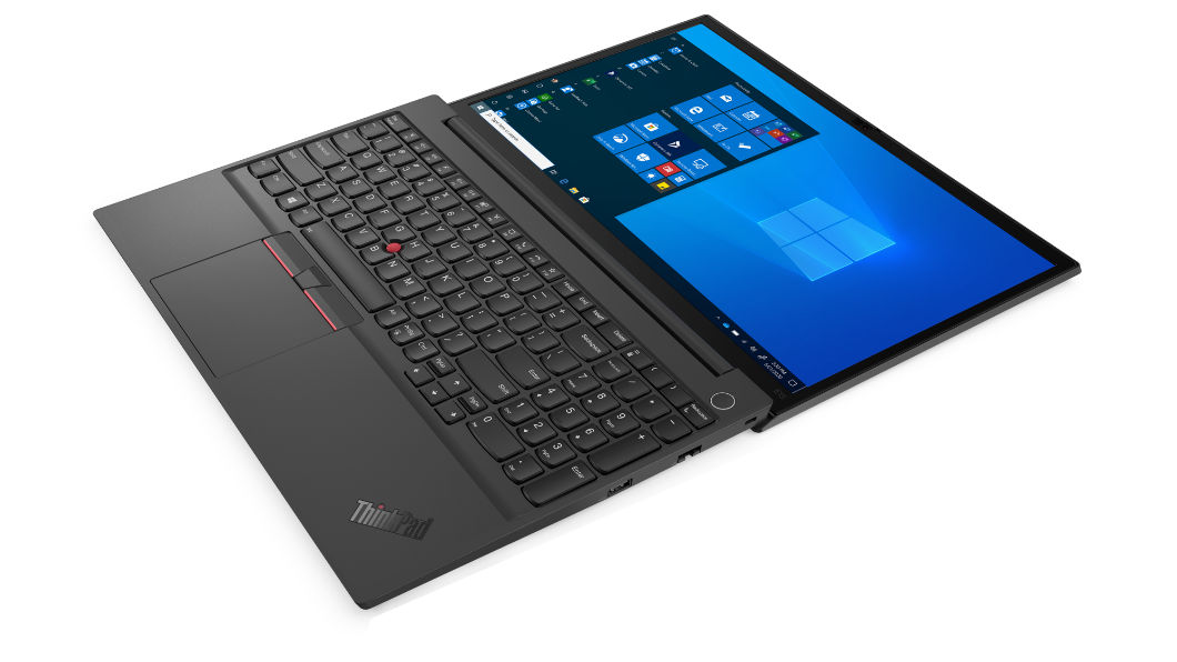 Vista di tre quarti da destra di Lenovo ThinkPad E15 di seconda generazione nero, aperto a 180°