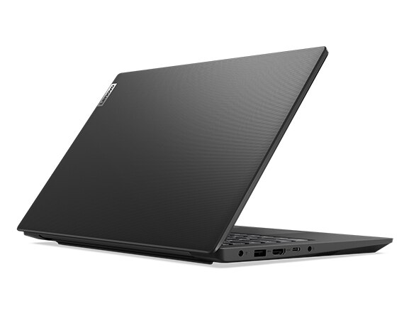 Rear view of the Lenovo V14 Gen 4 laptop in Business Black, angled to show left-side ports.
