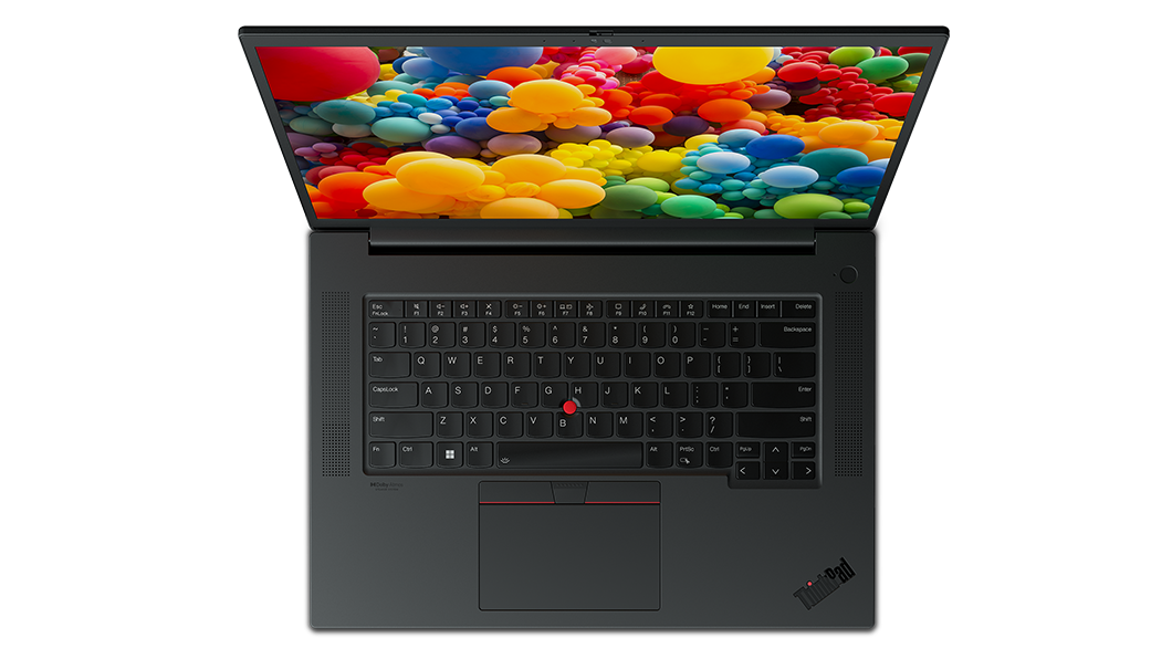 Overhead shot of Lenovo ThinkPad P1 Gen 5 mobile workstation open 90 degrees, showing keyboard and display.